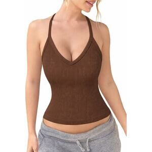 Women Ribbed V Neck Tank Top Brown Stretch Fitted Cami Sleeveless Size M